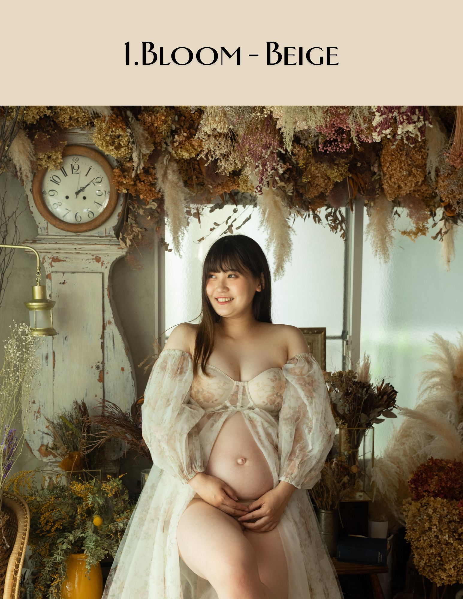 ベージュフラワーマタニティドレス|XXS〜4XL ベージュの花柄マタニティドレスと取り外し可能な袖