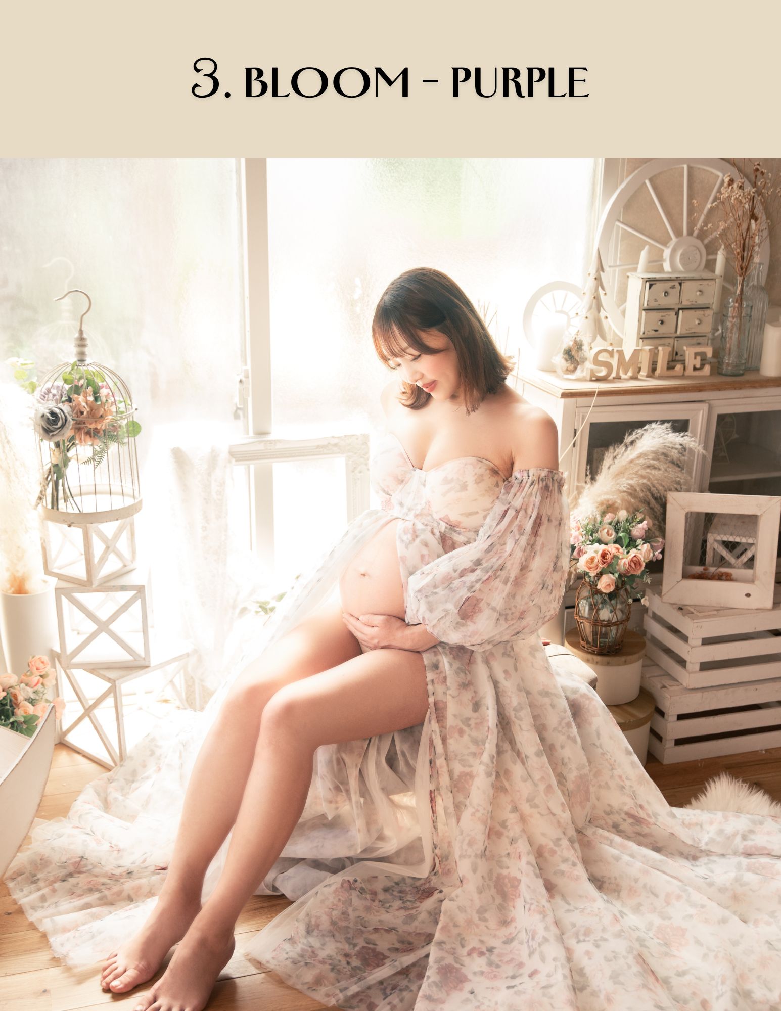 ホワイト&パープルフラワーマタニティドレス|XXS〜4XL 白と紫の花をあしらったコルセットマタニティドレス